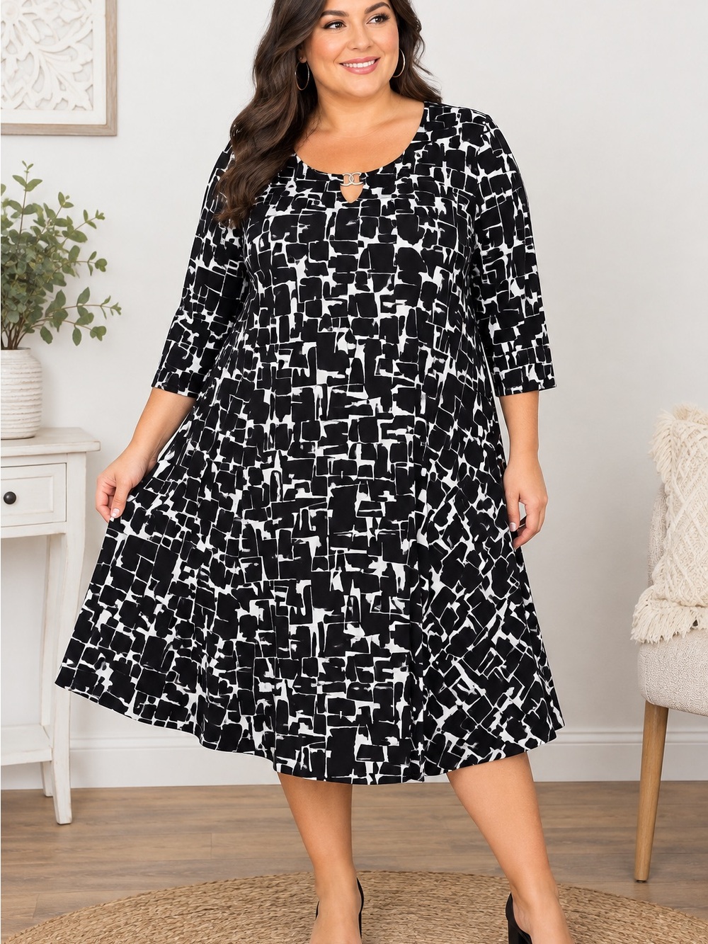 Susan Graver Black and White Abstract Swing Dress